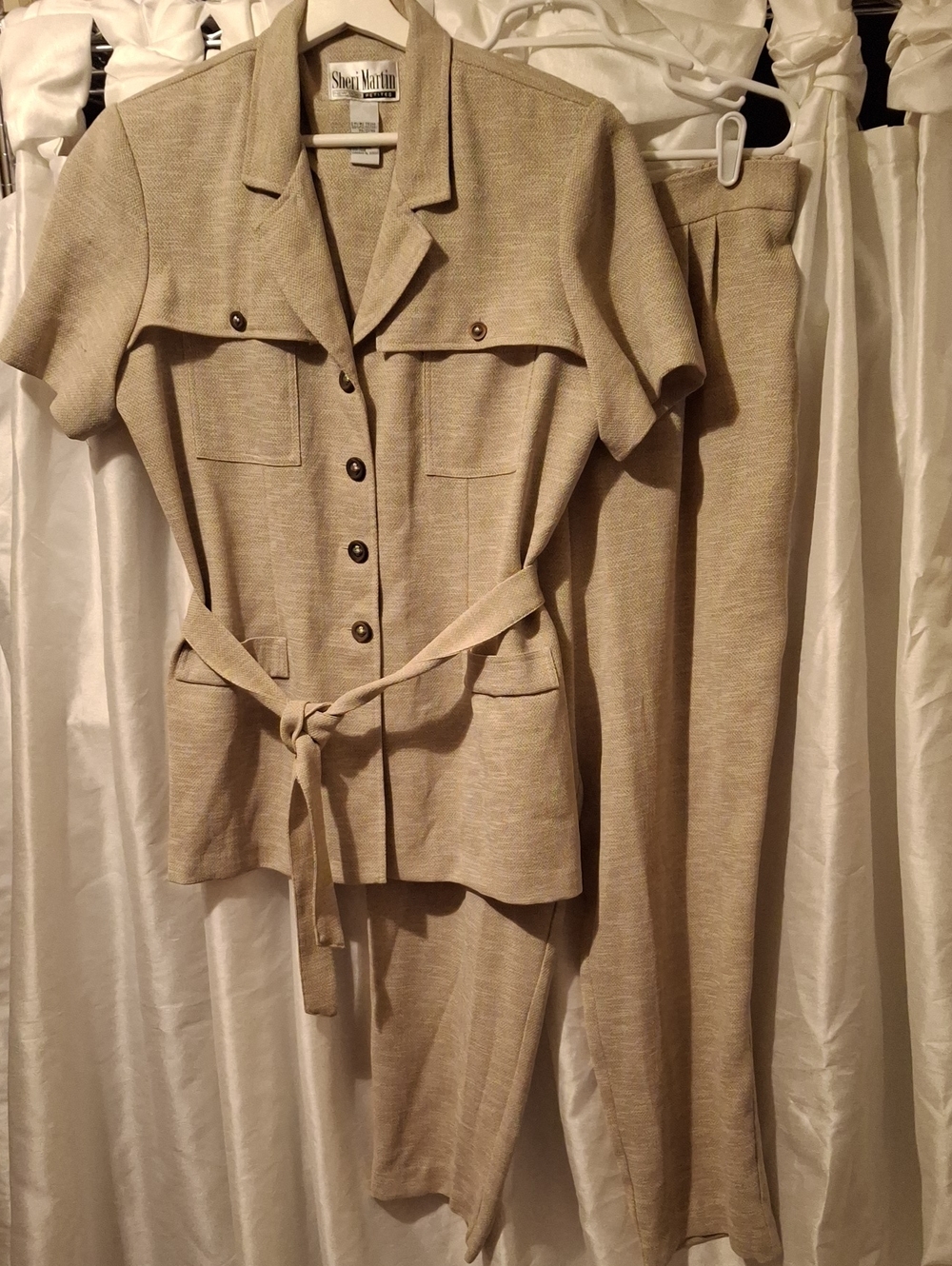 Sheri Martin Neutral Beige Short-Sleeve Pantsuit with Tie Waist
